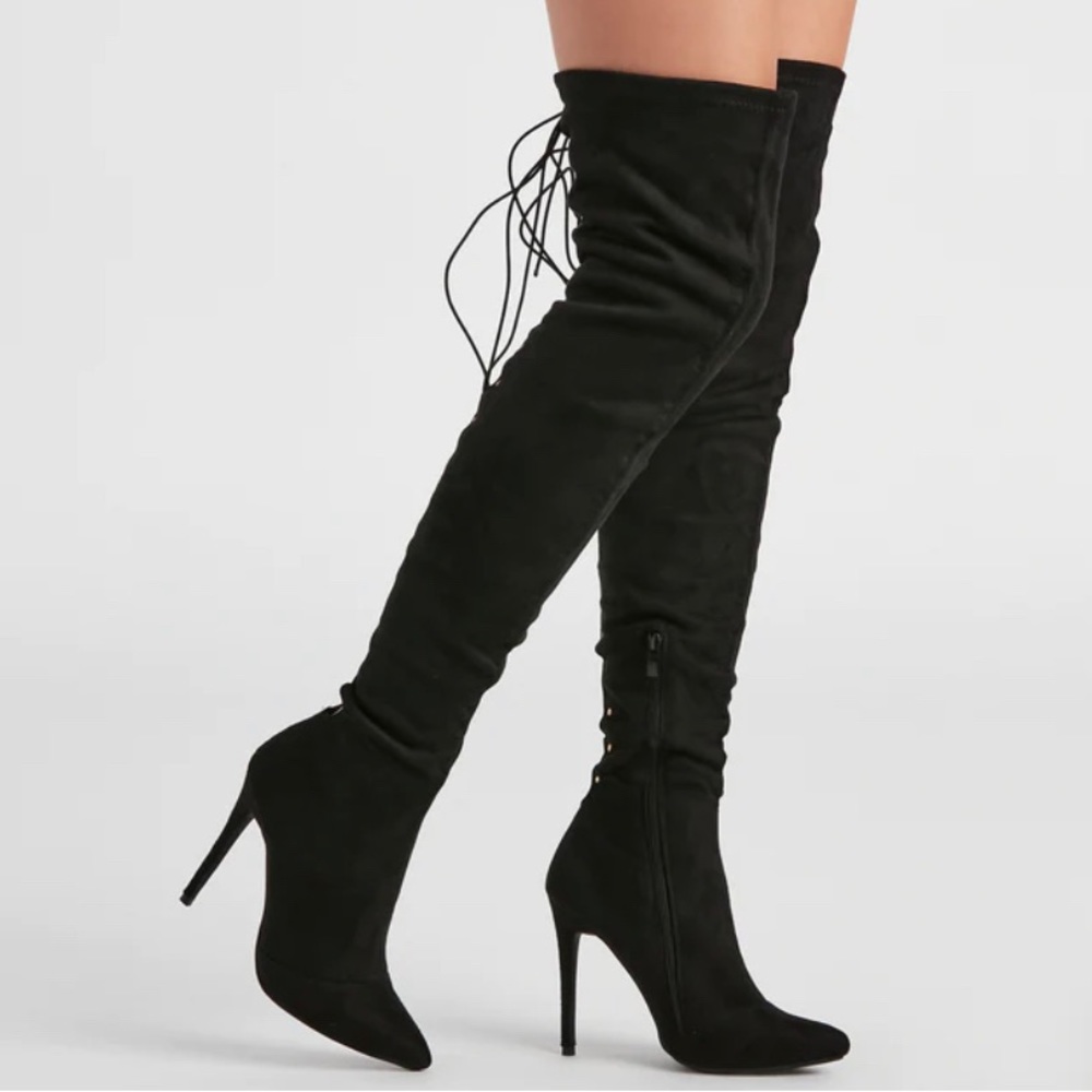 Just Fab, over the knee, lace up in back black heeled boots, Size 7